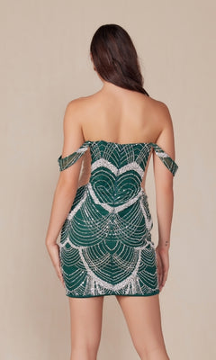 A woman faces away, wearing the Sheer-Sides Short Sexy Homecoming Dress Q839 in green, featuring an off-the-shoulder design with a short silhouette and white sequin scallop patterns.