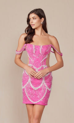 A woman models the Sheer-Sides Short Sexy Homecoming Dress Q839, a fitted pink off-the-shoulder dress with intricate beadwork, standing gracefully against a plain beige background.