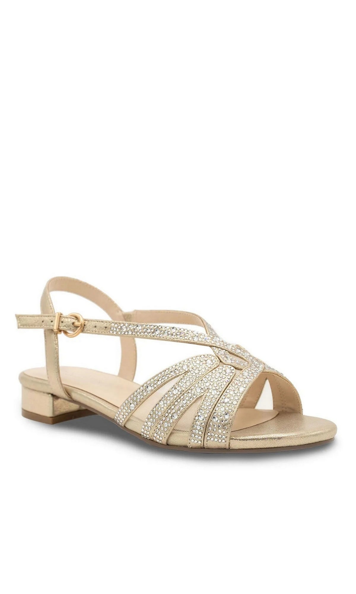 Quest Champagne Prom Shoes: Paradox London P2312, champagne-colored low-heel shoes with rhinestone-embellished crisscross straps and an adjustable ankle buckle.