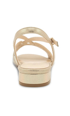 Back view of Quest Champagne Prom Shoes: Paradox London P2312, a champagne low-heeled sandal with jeweled straps and a buckled ankle strap.
