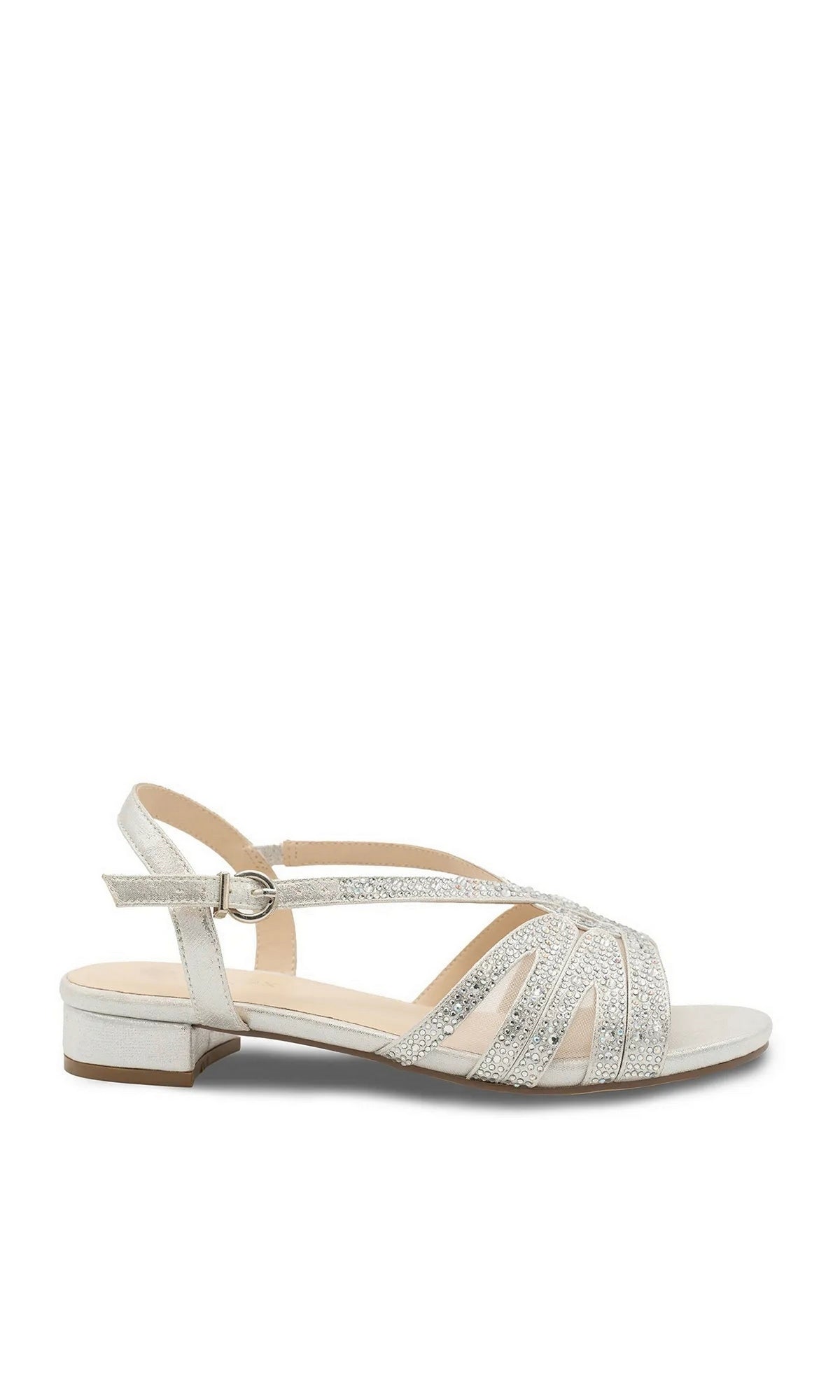 Quest Silver Prom Shoes: Paradox London P2311 are silver block heel sandals with a buckled ankle strap and decorative rhinestone-encrusted cutouts across the toe.