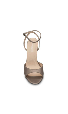 Quinn Champagne Prom Shoes: Touch Ups 4699, a champagne-colored open-toe high heel sandal featuring an ankle strap and a sculpted heel.