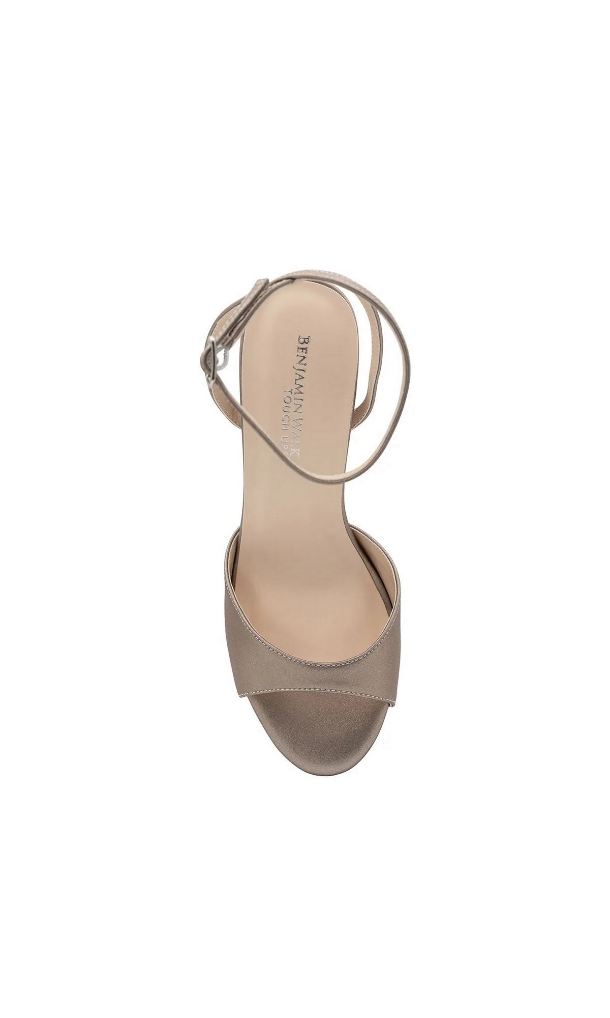 Top-down view of Quinn Champagne Prom Shoes: Touch Ups 4699, an open-toe high heel sandal with an ankle strap and a sculpted heel.