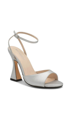 Quinn Silver Prom Shoes: Touch Ups 4700 metallic silver ankle-strap sandal featuring an open toe and a flared block heel.
