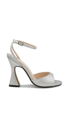 Quinn Silver Prom Shoes: Touch Ups 4700 metallic silver high-heeled sandal with an open toe and an ankle strap with a buckle.