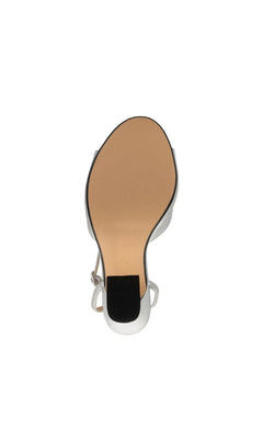 Bottom view of a metallic silver Quinn Silver Prom Shoes: Touch Ups 4700 open-toe heeled sandal.