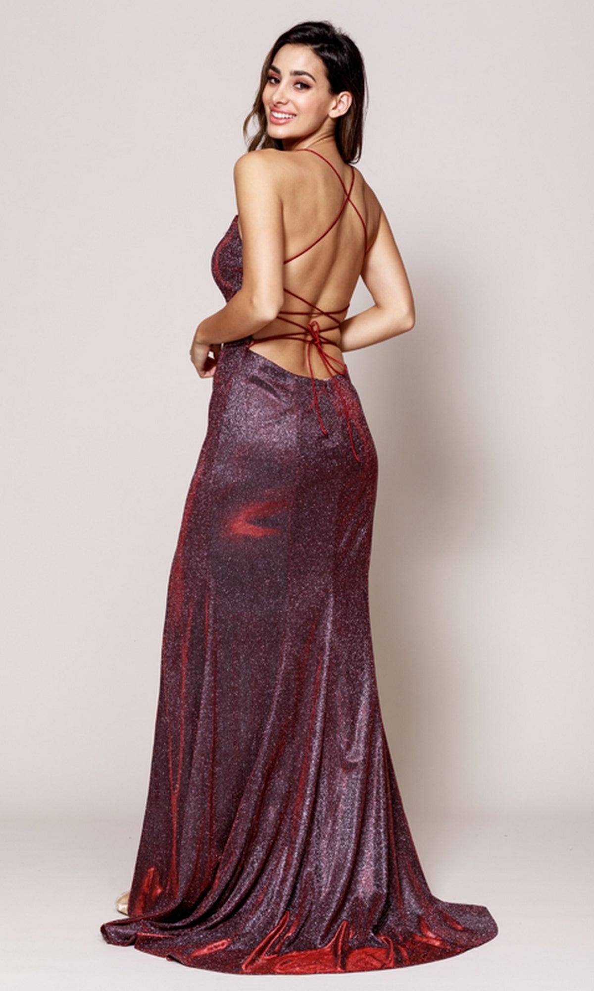 Glitter-Jersey Strappy-Back Long Prom Gown R012