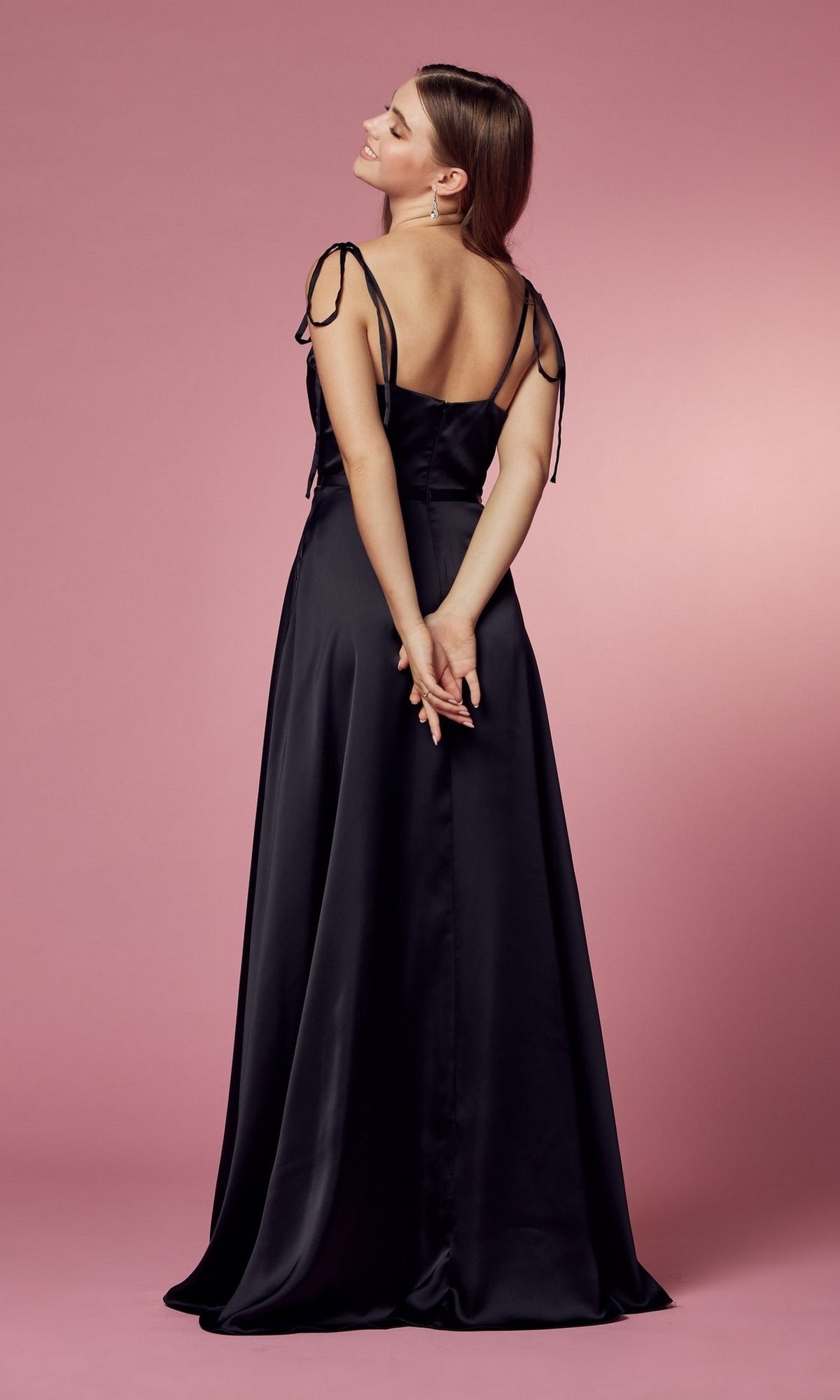 Faux-Wrap Long Prom Dress with Shoulder Ties