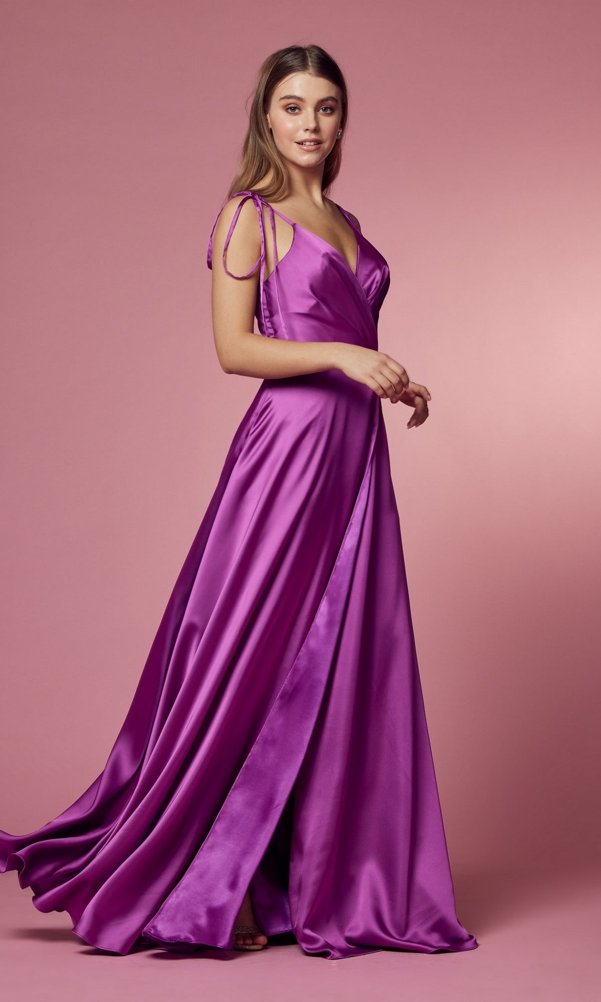Faux-Wrap Long Prom Dress with Shoulder Ties