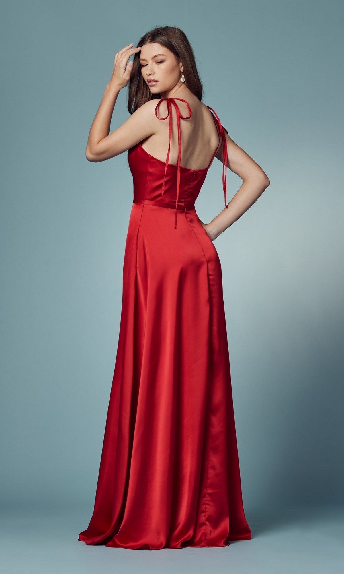 Faux-Wrap Long Prom Dress with Shoulder Ties