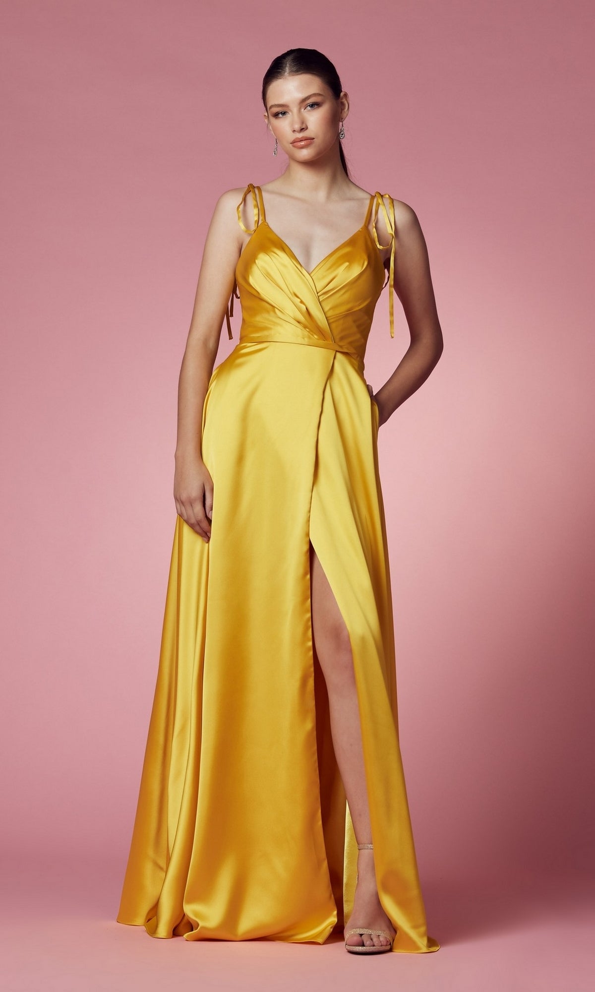 Faux-Wrap Long Prom Dress with Shoulder Ties