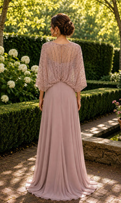 Back view of a dusty rose Beaded Capelet Long Formal Dress: Rina Di Montella R102, featuring a floor-length gown with a beaded capelet overlay.