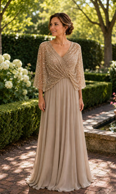 Woman wearing a Rina Di Montella R102 beaded capelet long formal dress in champagne with a floor-length, wrap-style bodice.