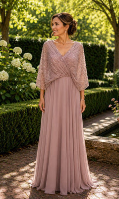 A woman wears a vintage rose Beaded Capelet Long Formal Dress: Rina Di Montella R102, featuring a V-neckline and a beaded, short-sleeved capelet overlay.