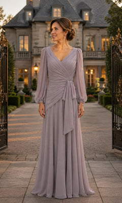 A woman in a Victorian Lilac Tie-Waist Chiffon Long Formal Dress: Rina Di Montella R103 with long sleeves standing in front of a stone mansion.