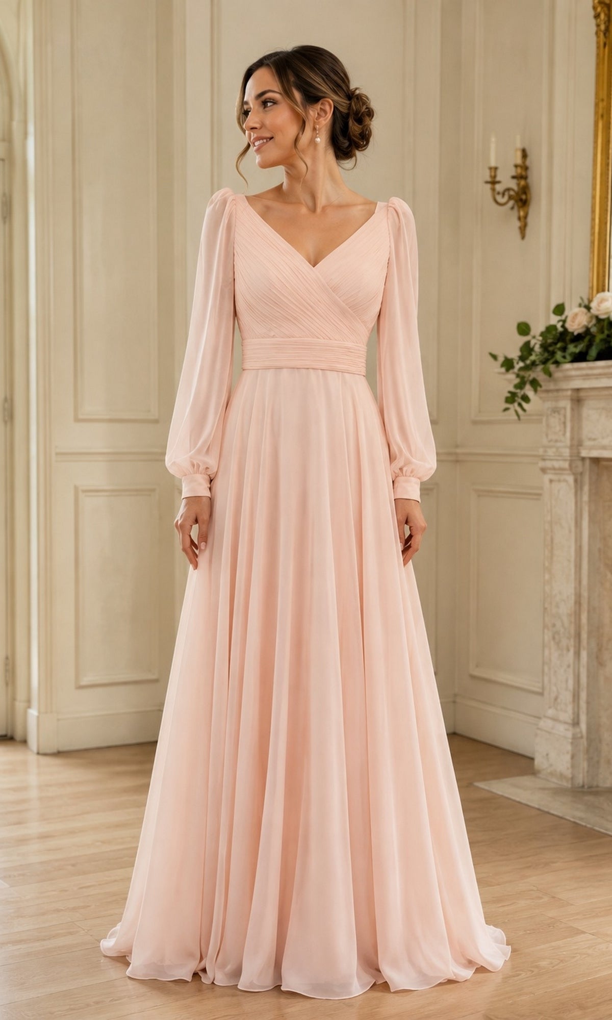 A blush pink, long-sleeve, floor-length A-line formal dress from the Rina Di Montella R104 collection, featuring a V-neckline and gathered bodice.