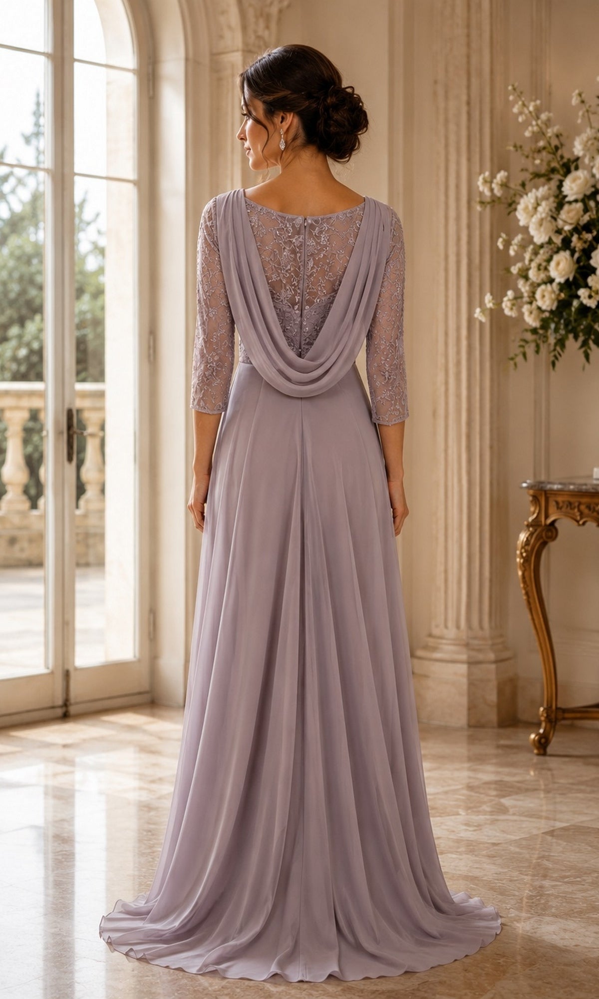 Back view of the Lace Sleeve Cowl Back Long Formal Dress: Rina Di Montella R106, a floor-length lavender lace evening gown with three-quarter sleeves and a draped cowl back.
