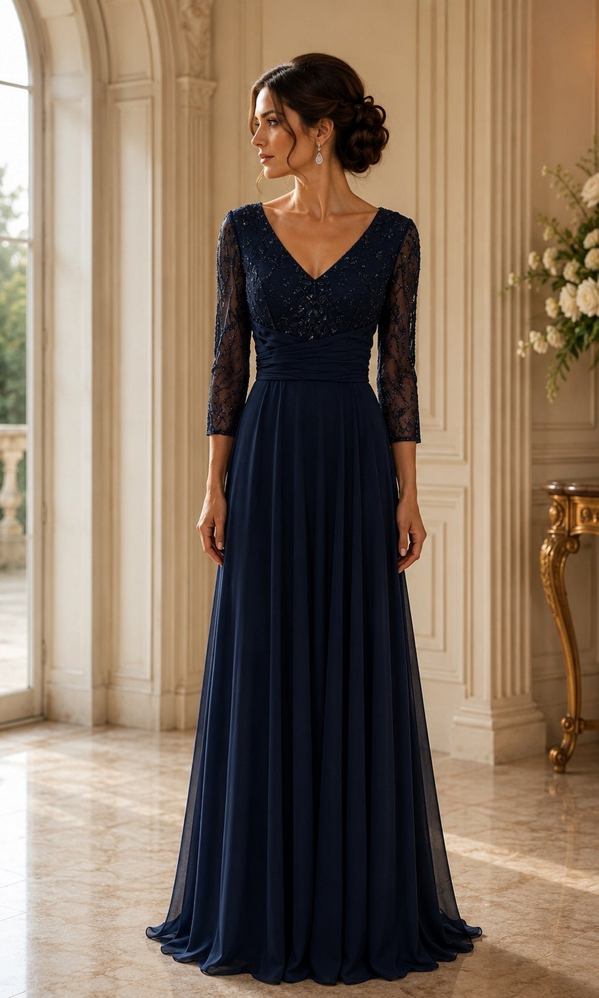 A woman wearing a navy Lace Sleeve Cowl Back Long Formal Dress: Rina Di Montella R106 with a beaded v-neck bodice, three-quarter length sleeves, and a full-length skirt.