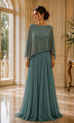 Seafoam green Beaded Cape Long Formal Dress: Rina Di Montella R107, a floor-length beaded evening gown with an elegant cape overlay.