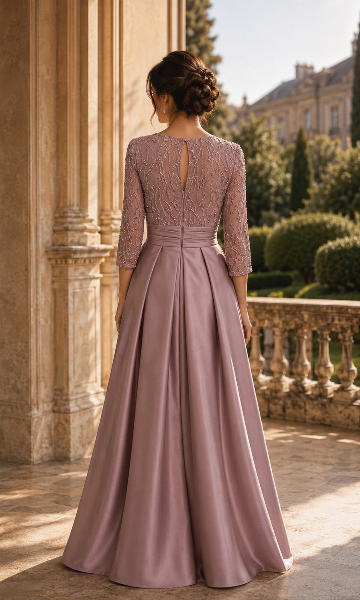 Back view of a mauve Rina Di Montella R108 Beaded Lace Sleeve A-Line Formal Dress featuring three-quarter sleeves and a beaded lace bodice.