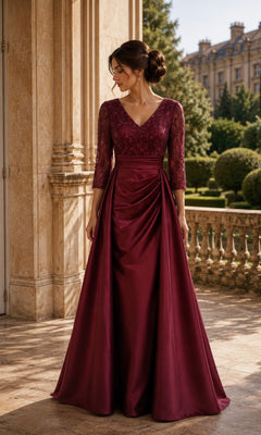 A woman wears a crimson Rina Di Montella R108 Beaded Lace Sleeve A-Line Formal Dress featuring a V-neck, three-quarter length beaded lace sleeves, and a draped skirt.