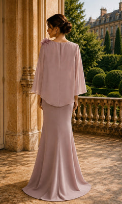 Back view of a mauve crepe Chiffon Cape Fit and Flare Formal Dress: Rina Di Montella R109, featuring a floor-length silhouette, a cape overlay, and a floral accent on the shoulder.