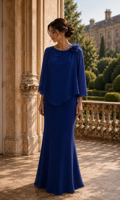 Woman wearing a royal blue Chiffon Cape Fit and Flare Formal Dress: Rina Di Montella R109, featuring a floor-length chiffon cape overlay and a floral shoulder accent.