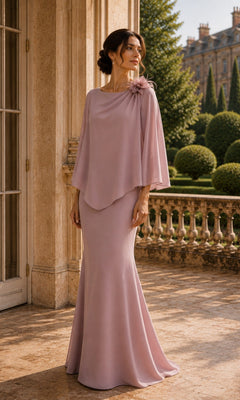 Vintage rose Chiffon Cape Fit and Flare Formal Dress: Rina Di Montella R109 in a floor-length crepe silhouette with a draped cape overlay and a floral shoulder accent.