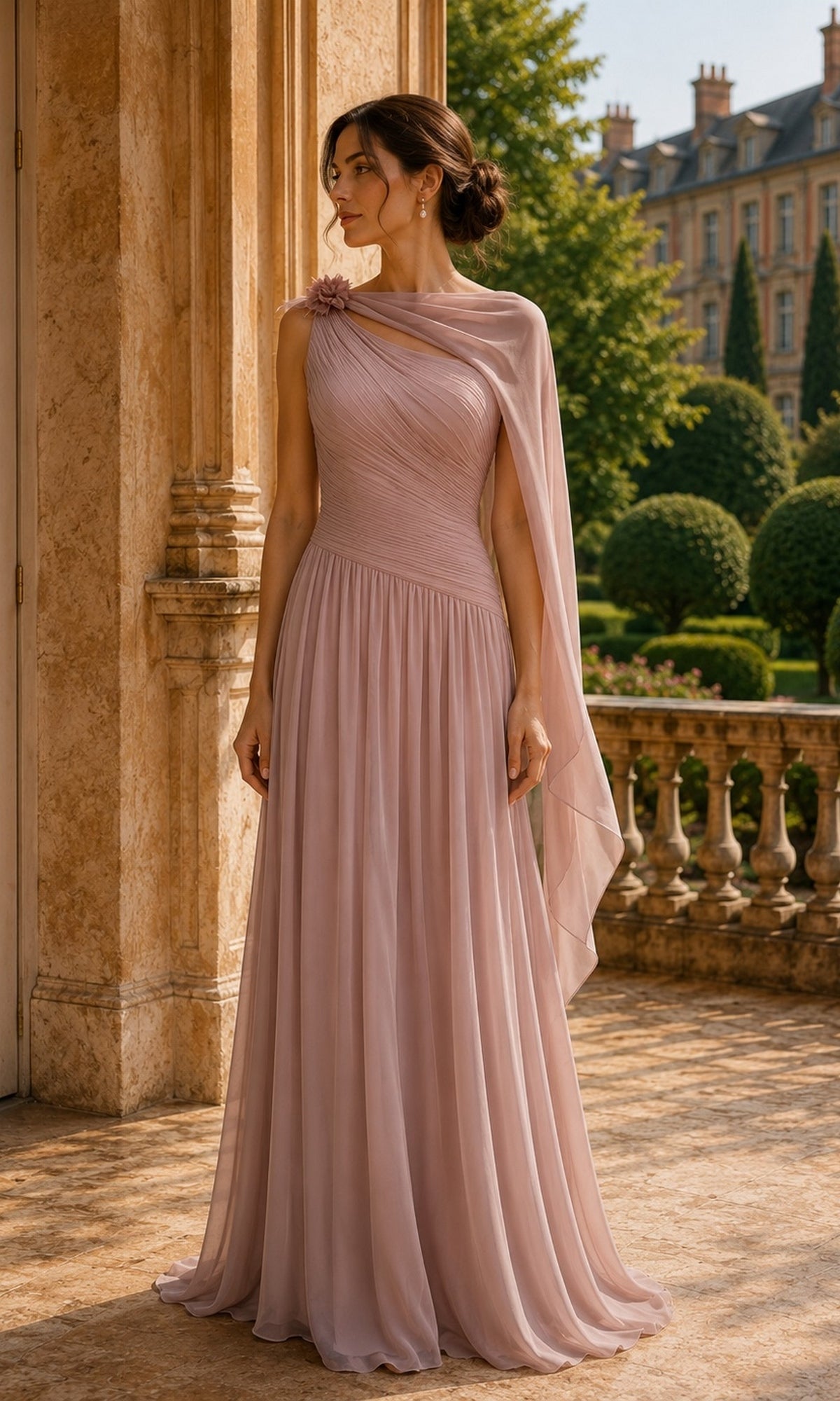 A woman wears a vintage rose One Shoulder Cape Long Formal Dress: Rina Di Montella R110, featuring a floor-length chiffon skirt, a pleated bodice, and a draped cape sleeve.