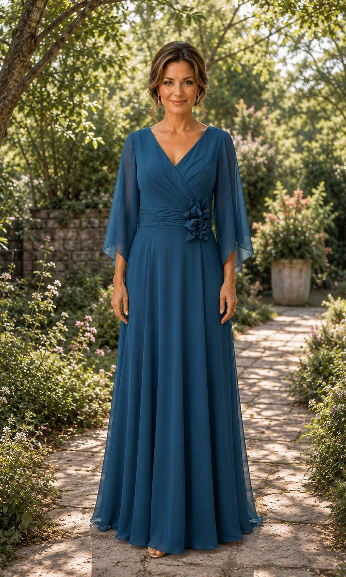 A woman wearing a teal Flutter Sleeve Chiffon Long Formal Dress: Rina Di Montella R111 with flutter sleeves and a floral accent at the waist, standing on a stone garden path.