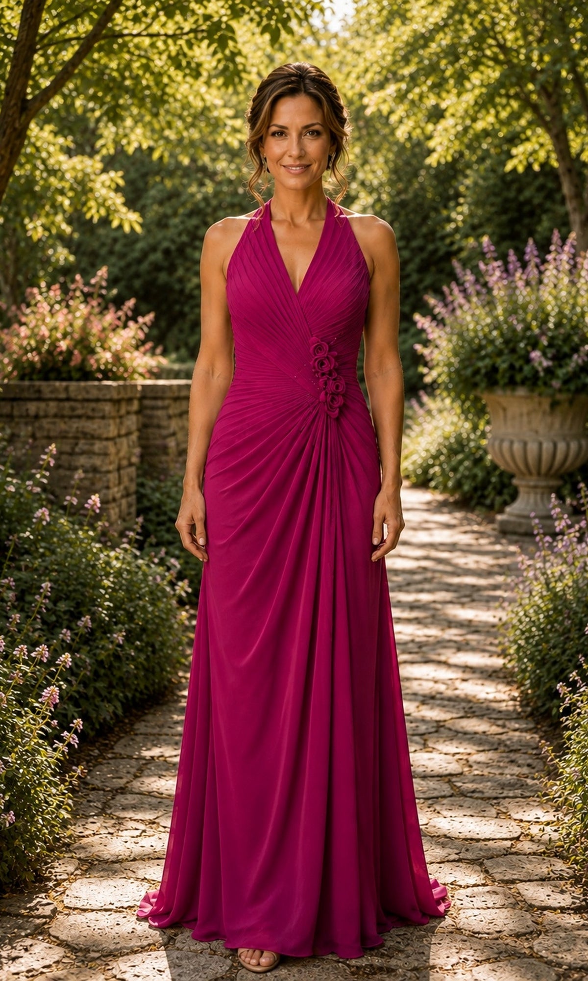 A woman wears a magenta Halter Ruched Chiffon Formal Dress: Rina Di Montella R112, a floor-length evening gown with a ruched bodice and floral waist embellishment, standing on a stone garden path.