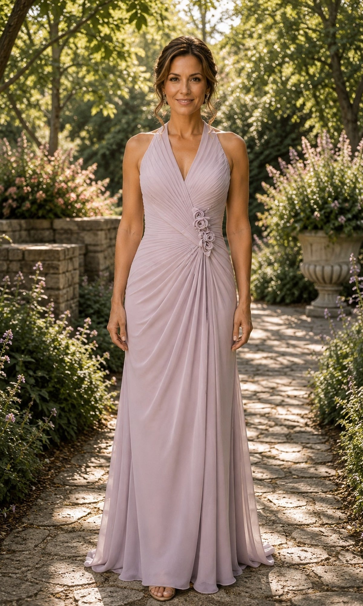 A woman in a vintage rose Halter Ruched Chiffon Formal Dress: Rina Di Montella R112 with a ruched bodice and floral detailing at the waist, standing on a stone garden path in a chiffon shawl.