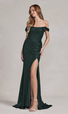 A woman stands smiling against a neutral background in the Off-Shoulder Sequin Prom Gown: Nox Anabel R1203—an elegant, dark green formal dress with a thigh-high slit, featuring a chic off-the-shoulder design and sparkling sequins.