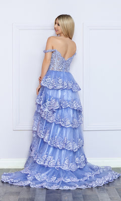 A woman in the Nox Anabel Off-the-Shoulder Lace Prom Dress R1299.