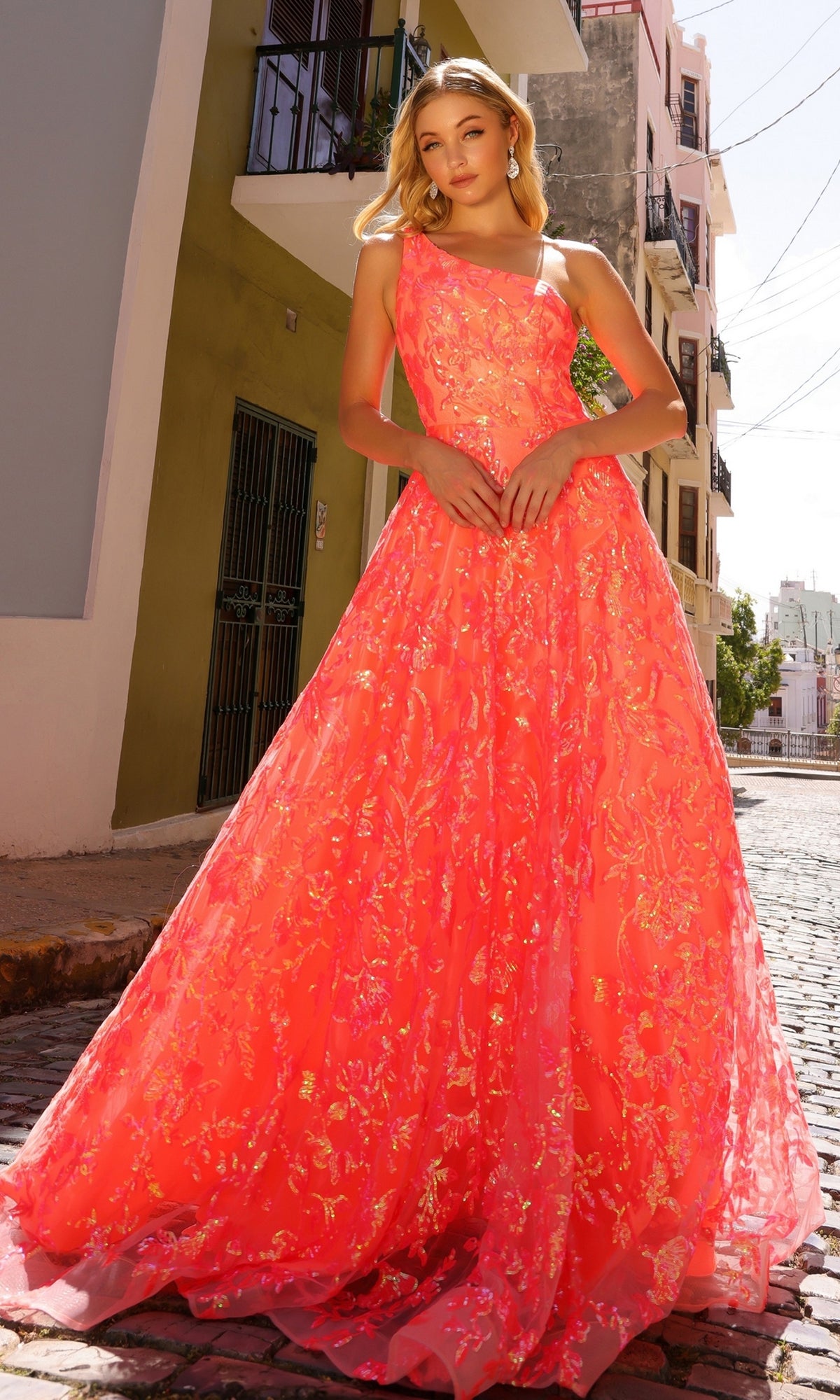 One-Shoulder Neon Peach Prom Ball Gown R1305 Neon Peach / 00