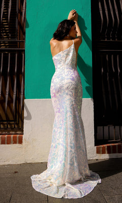 A woman wearing the One-Shoulder Long Sequin-Print Prom Dress R1308 stands with her back to the camera against a teal and white wall, hands raised, and head turned to the side.