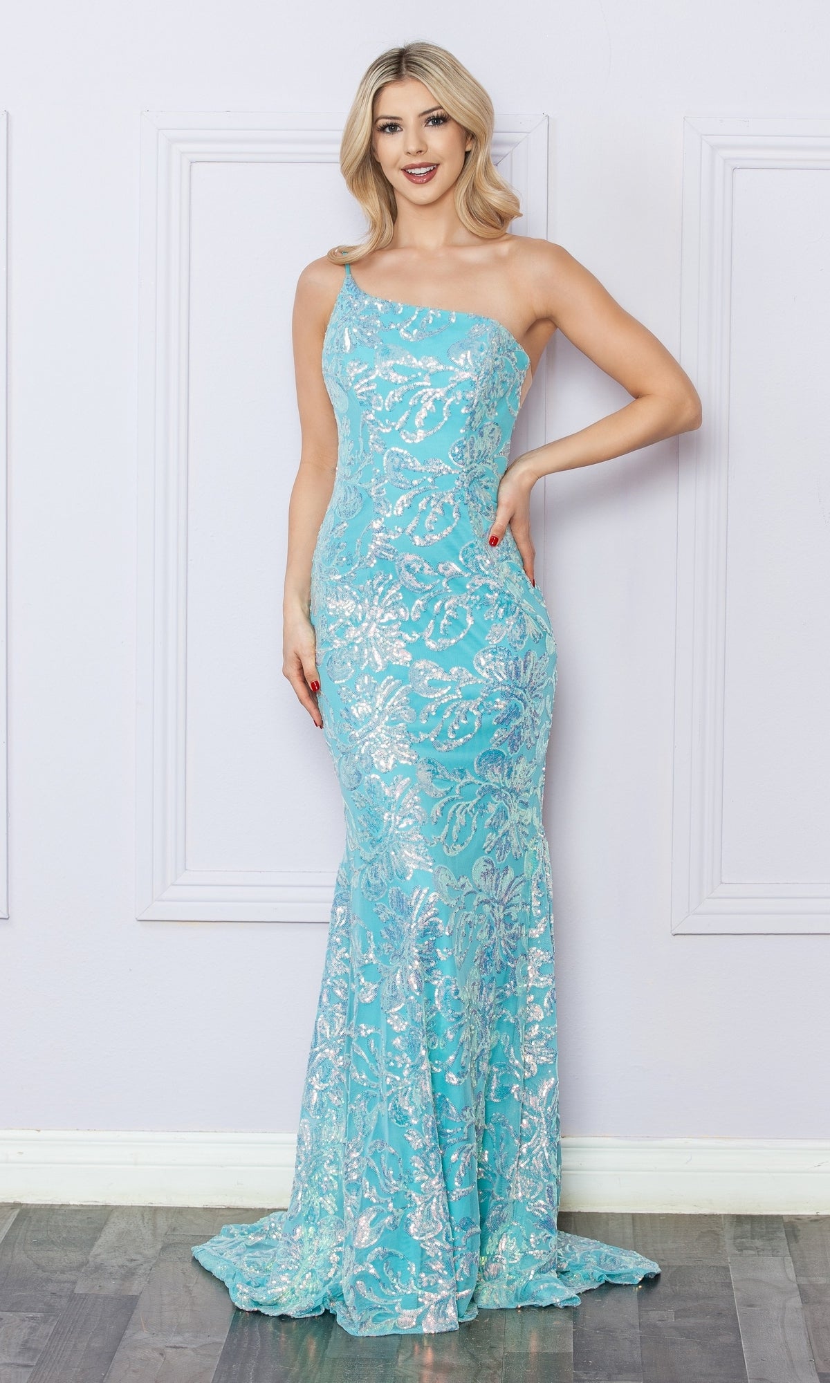 One-Shoulder Long Sequin-Print Prom Dress R1308