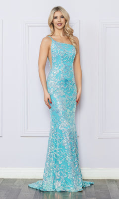 A woman stands indoors wearing the One-Shoulder Long Sequin-Print Prom Dress R1308, a fitted, floor-length light blue gown adorned with silver sequin detailing.