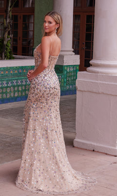 A woman in the Nox Anabel R1686 Floral-Embellished Prom Gown.