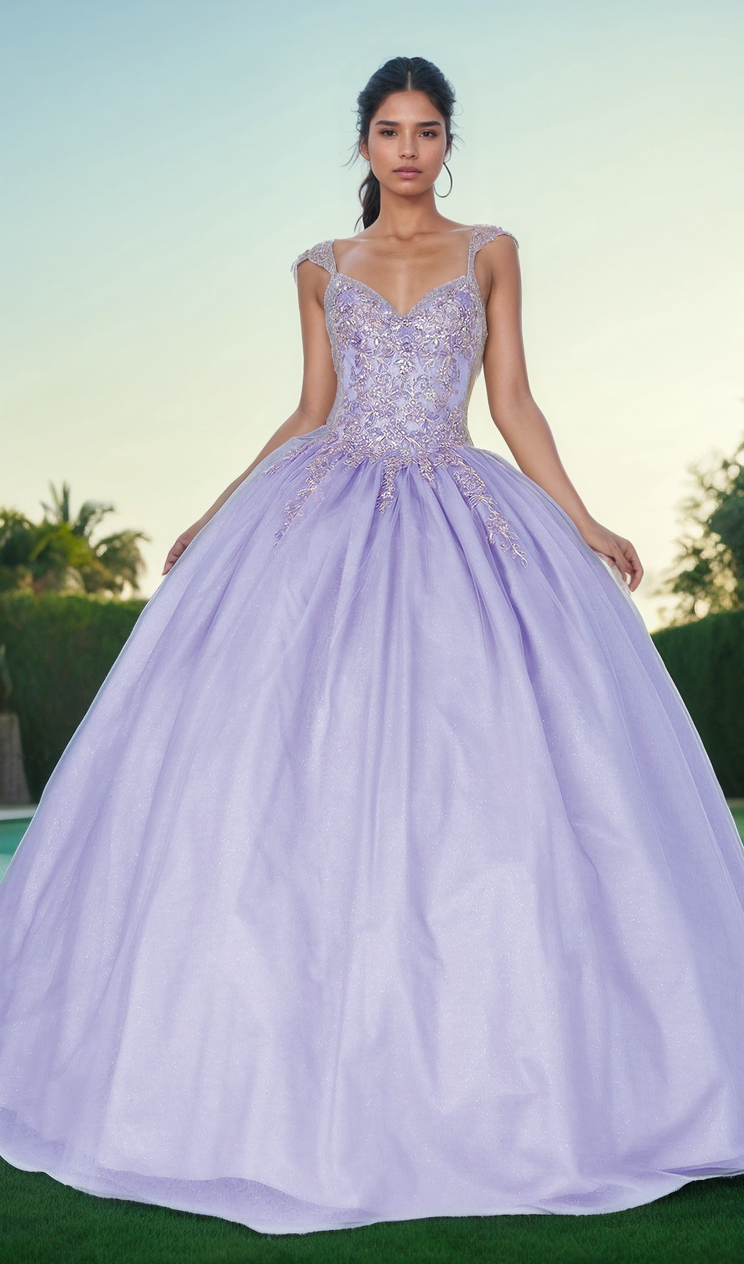 A woman stands outdoors wearing the Quinceanera Dress 1470 by Dancing Queen, a light purple ball gown with a fitted beaded bodice, sweetheart neckline, and full voluminous skirt.