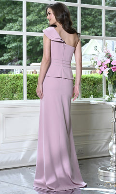 A woman wears a mauve One Shoulder Peplum Two-Piece Formal Dress: Rina Di Montella RD3600, featuring a one-shoulder evening gown with a peplum waist and beaded detailing.