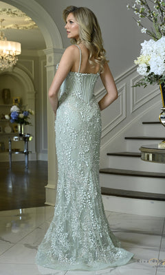 Full-length sage green Rina Di Montella RD3605 Corset Sweetheart Applique Formal Dress featuring a sweetheart neckline, corset-style bodice, and intricate floral applique.