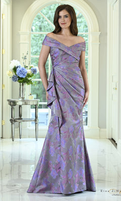 Rina Di Montella RD3617 floral ruffle mermaid formal dress in grey and purple, featuring an off-the-shoulder neckline and draped ruffle detailing at the hip.