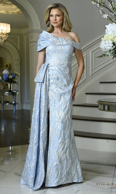 Sky blue off-the-shoulder, floor-length Metallic Side Bow Long Formal Dress: Rina Di Montella RD3621 with a floral pattern and a hip bow.