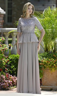 Taupe Rina Di Montella RD3642 floor-length mother of the bride dress with a beaded lace bodice, short sleeves, and a peplum waist.