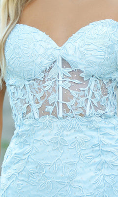 Close-up of the Velvi Strapless Sweetheart Short Party Dress Reva in light blue, featuring floral lace, a sheer mesh midsection, and a strapless neckline—ideal for semi-formal parties.
