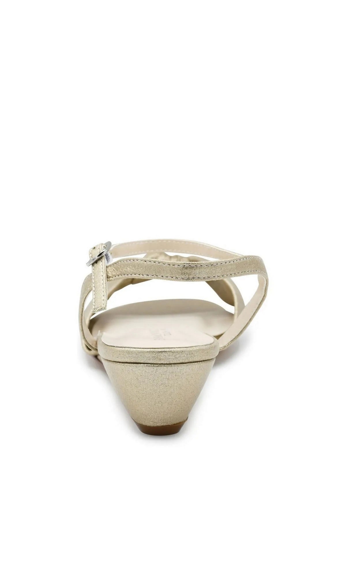 Back view of Rose Champagne Wedge Prom Shoes: Touch Ups 4729 metallic gold wedge sandals with an ankle strap.