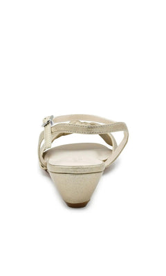 Back view of Rose Champagne Wedge Prom Shoes: Touch Ups 4729 metallic gold wedge sandals with an ankle strap.