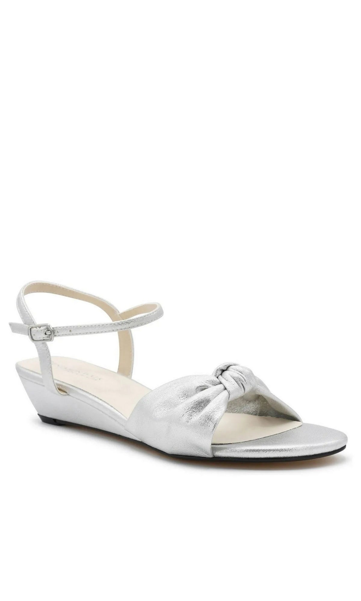 Rose Silver Wedge Prom Shoes: Touch Ups 4728 in silver featuring a low wedge, ankle strap, and knotted detail at the toe.