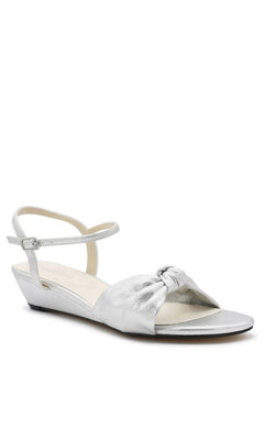 Rose Silver Wedge Prom Shoes: Touch Ups 4728 in silver featuring a low wedge, ankle strap, and knotted detail at the toe.